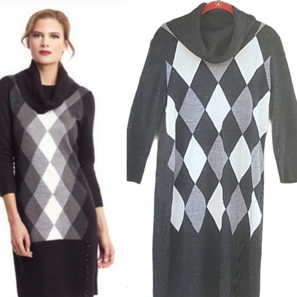Sandra Darren Dresses & Skirts - Sandra Darren Argyle Sweater Dress XL Cowl Neck